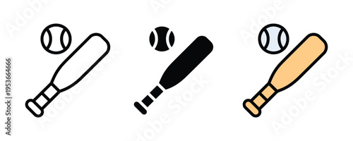 Baseball and wooden bat icon set. Sports equipment, softball game league, and athletic training symbols. Vector Illustration.
