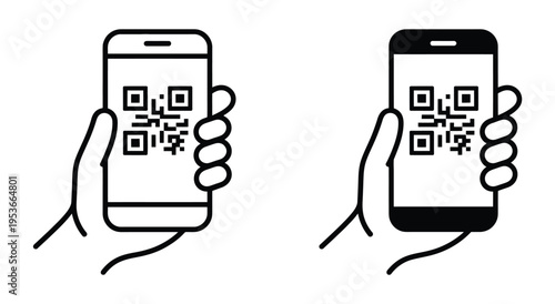 QR code mobile scanning icon, clean vector symbol representing mobile QR code reader, digital scanning, and connectivity, simple outline and flat style for UI, e-commerce