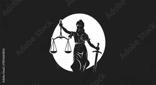 Justitia goddess of justice holding scales and sword in front of moon