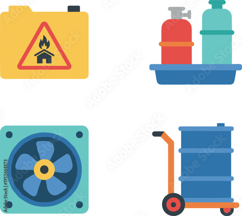 Industrial safety and warehouse equipment vector collection featuring a fire hazard warning gas cylinders ventilation fan and heavy drum trolley.