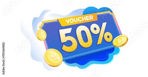 50% Discount Voucher 3D Design with Gold Coins, Promotional Sale Label
