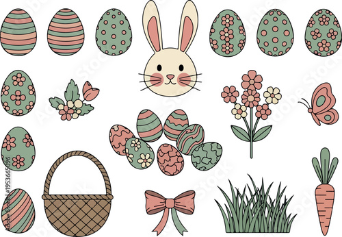 A delightful Easter collection featuring a bunny, decorated eggs, a basket, carrots, and spring flowers, perfect for festive designs and celebrations
