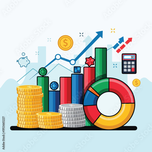 A colorful financial illustration depicting charts, coins, and a rising arrow