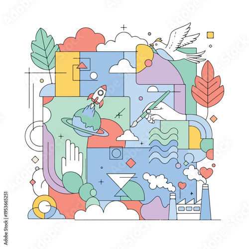 A colorful, geometric collage depicts creativity and progress