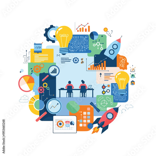 A colorful, detailed illustration of teamwork, ideas, and growth, with rockets