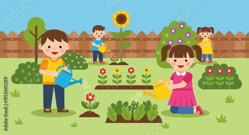 Children watering plants in garden 1.