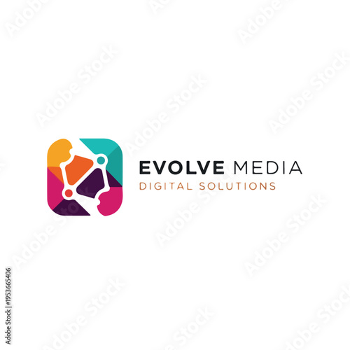 A colorful, geometric logo with a network design and text elements