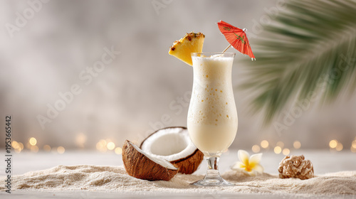 Refreshing pina colada on a sandy beach, perfect for summer enjoyment.