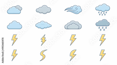Weather Icons Set with Clouds and Lightning.
