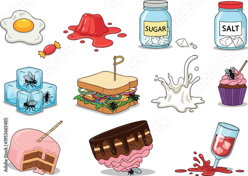 Collection of food and drink items with cartoonish illustrations, including jelly, sugar, salt, sandwich, cake, cupcake, and spilled drinks