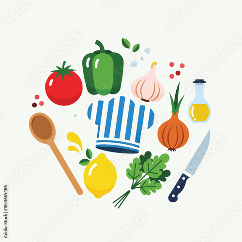 A colorful illustration of cooking ingredients and utensils arranged in a circle