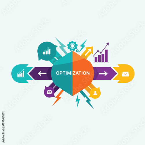 A colorful, infographic-style composition with the word "Optimization