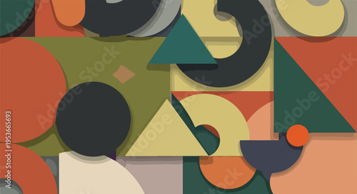 A colorful layered abstract composition of overlapping geometric shapes