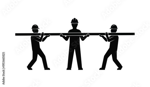 Three firefighters in silhouette carrying a long beam or stretcher