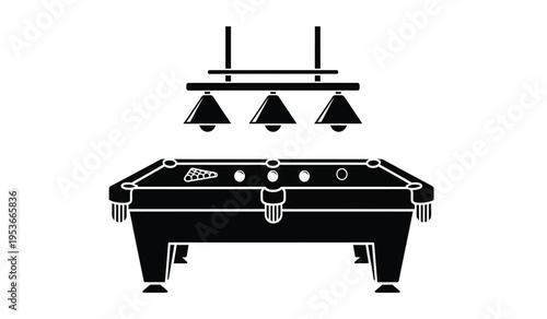 Silhouette of a pool table with billiard balls and hanging lamps