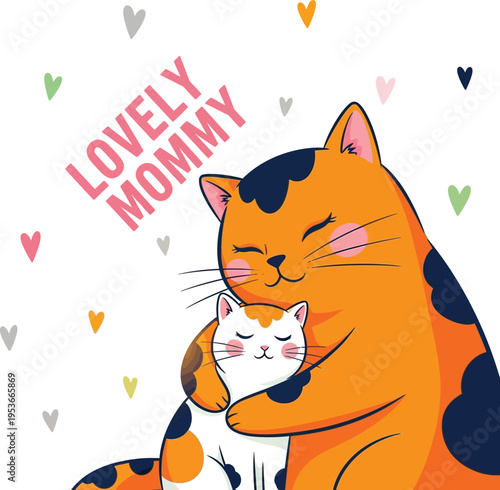 Lovely mommy cat hugging kitten