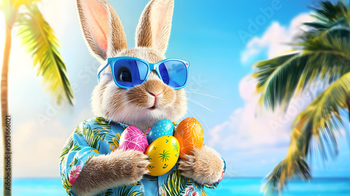 A bunny in a bright Hawaiian shirt and sunglasses sits next to Easter eggs on a sandy tropical beach in the sunlight, creating a creative summer composition and a relaxing atmosphere