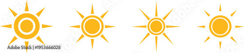 Four yellow sun with rays on white background symbol