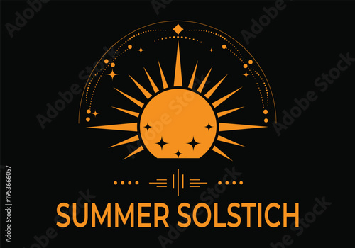 Orange sun with stars and text summer solstice on black