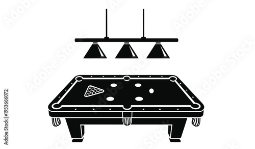 Silhouette of a pool table with a triangle rack and hanging billiard lights above
