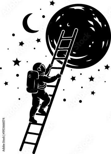 Ladder Leaning Against Planet silhouette vector illustration