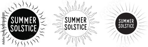 Three sun symbols with summer solstice text black and white