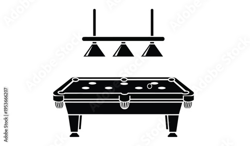 Silhouette of a pool table with a hanging light fixture above it in a black and white graphic illustration silhouette