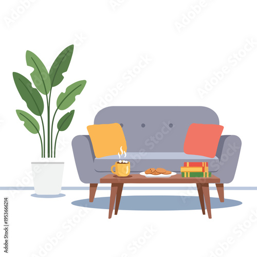 A cozy interior scene sofa, table, plant, books, and treats