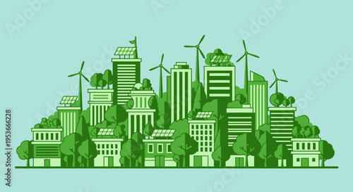 Green City Skyline With Wind Turbines.