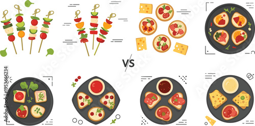Appetizers and snacks set with skewers, tapas and mini pizzas, party food assortment collection vector illustration bundle