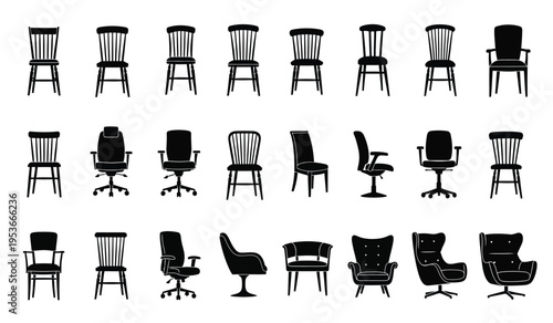 Silhouette of various office chairs in different styles and designs