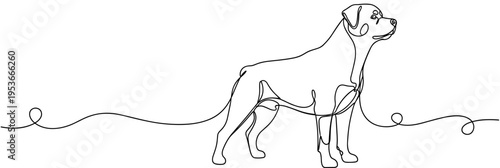 Dog standing attentive in continuous line on white background, none editable strokes