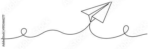 Paper airplane flying along continuous line over white, none editable strokes