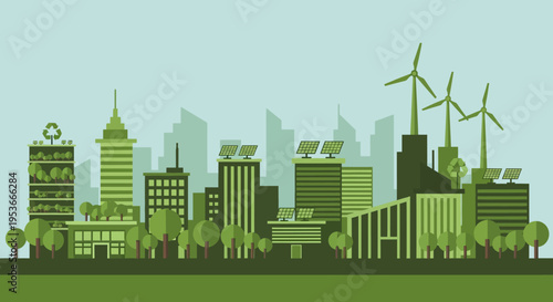 Green cityscape with wind turbines.