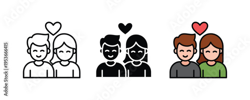 Happy young couple with heart icon set. Romantic relationship, love, and dating app symbols. Vector Illustration.