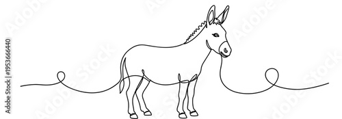 Donkey depicted in continuous line standing on white background, none editable strokes