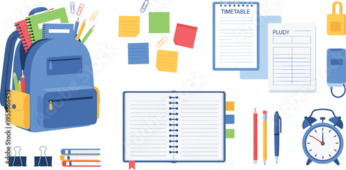 Back to school supplies set with backpack notebook timetable pens alarm clock and stationery, education concept with study tools vector illustration collection