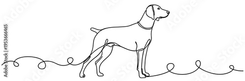 Dog standing on continuous line across white space, none editable strokes