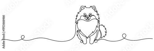 Small dog sitting on continuous line across simple horizon, none editable strokes