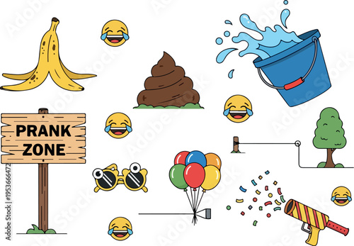 A fun collection of prank and joke items, perfect for humorous situations and lighthearted entertainment, featuring a banana peel, poop emoji, bucket, and party popper