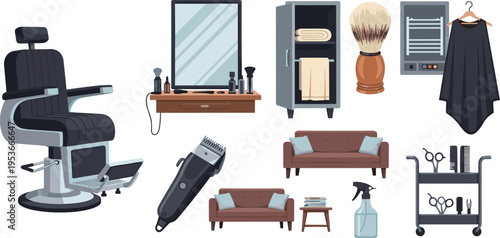 Barbershop equipment and salon furniture vector set with barber chair, mirror, clippers, tools and hair styling accessories illustration