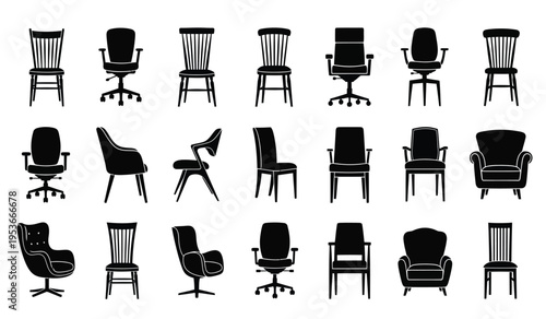Collection of various office chair silhouettes in different designs and styles