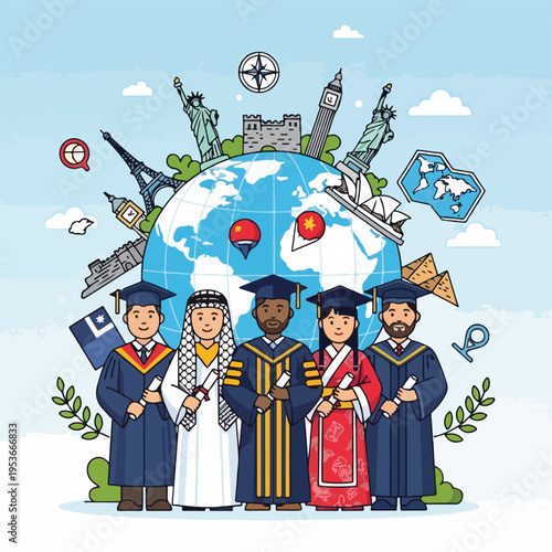 A diverse group of graduates with a globe and world landmarks
