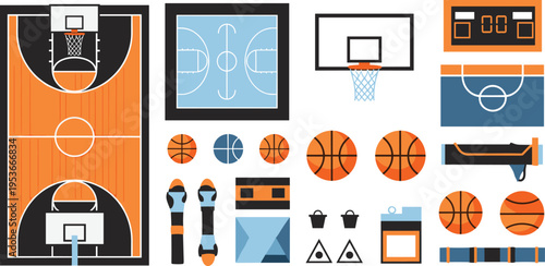Basketball court and equipment set with hoops, balls and scoreboard, sports game elements collection vector illustration bundle
