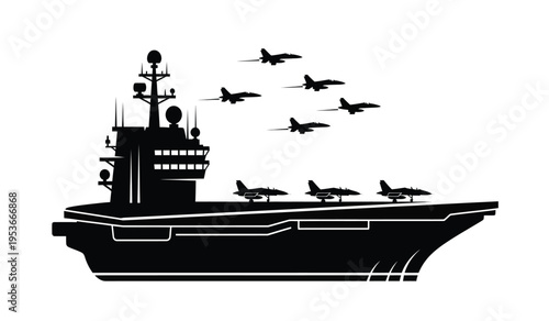 Silhouette of aircraft carrier with fighter jets taking off and landing