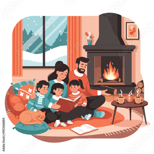 A family reading a book near a fireplace, snow outside a window