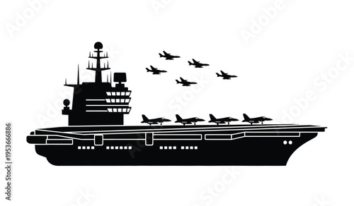 Silhouette of aircraft carrier with planes taking off military naval fleet in action silhouette