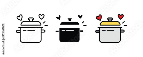 Cooking pot with heart symbols icon set. Homemade food with love, healthy organic cooking, and romantic kitchen recipe symbols. Vector Illustration.