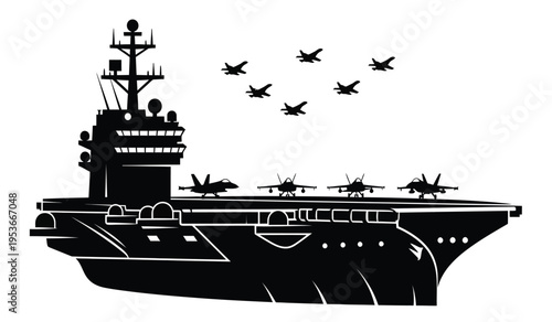 Silhouette of aircraft carrier with helicopters and fighter jets in flight