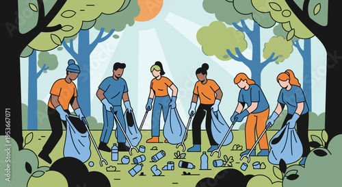 People cleaning up trash outdoors together.